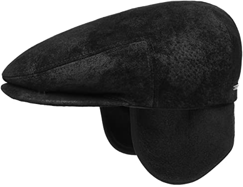 Stetson Kent Pigskin Flatcap Herren - Made in The EU - Mit Ohrenklappen - Aus 100% Leder - Mit Fleecefutter - Schirmlänge 5 cm - Mütze Herbst/Winter schwarz M (56-57 cm)
