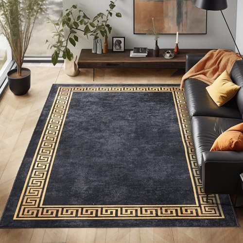 Waschbarer Teppich Flachgewebe Robust Mäander Design Vintage Optik rutschfest Teppich Wohnzimmer, Farbe: Schwarz, Größe: 80 x 250 cm