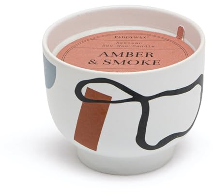 Paddywax Scented Candles Wabi Sabi Collection Fragrant Candle in Reusable Colorful Ceramic Bowl, 340g, Amber & Smoke