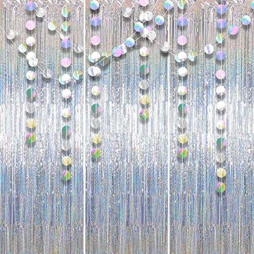 ZCOINS 3 Stück Lametta Vorhang Silber und 3 Stück Papier Girlande Glitzer Runde Kreis, Glitzervorhang Fadenvorhang Deko Silber für Disco Fasching Party Deko Geburtstagsdeko Gatsby Party