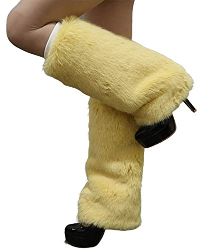 Altsuceser Plush Fuzzy Faux Fur Leg Warmers for Women, Long Boots Shoes Cuff Cover Knee-Length Hipster Warm Sock Yellow 30cm