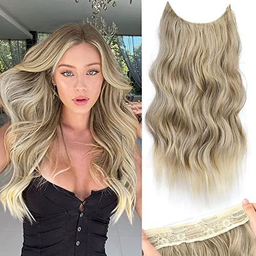 PORSMEER Unsichtbare Draht-Haarverlängerungen mit transparentem Stirnband Einstellbare Größe 4 Sichere Clips Lange gewellte geheime Draht-Haarstück 20 Zoll für Frauen-braune Mischung Blond)