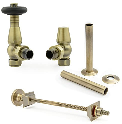 Hot Flow | Jordan Traditional Thermostatic Radiator Valve (Angled TRV) (Antique Brass with Wall Stay and Sleeve)
