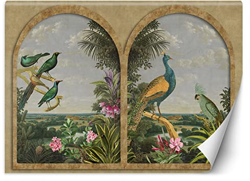 Feeby Fototapete Fenster Vögel Pfau 350x245 cm Grün XXL Vlies Wandtapete Tapeten Wohnzimmer Schlafzimmer Jugendzimmer Moderne Design Wandbild Wand Dekoration Palme Blumen Landschaft