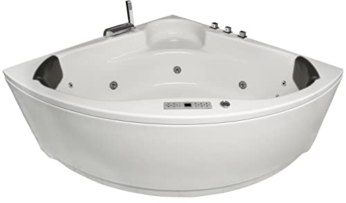 Basera® Premium Indoor Eck-Whirlpool Badewanne Futuna 140 x 140 cm mit 21 Massagedüsen, Heizung, Ozongenerator, Bodenansaugung, Wasserfall, LED-Ambiente, Touchpanel, Bluetooth, Radio