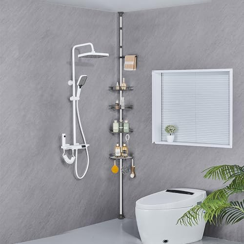 DUFU Adjustable Corner Shelves, Telescopic Shower Caddy with 4 Baskets, 4 Hooks, 1 Towel Rail, No Drilling Bathroom Storage Shelf, 95-305 cm Floor to Ceiling, Grey