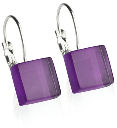 ALEXASCHA® Edelstahlohrringe hängend mit quadratischen Glassteinen • Kurze Ohrhänger mit Klappverschluss • 2cm lang • Steingröße 10 mm x 10 mm x 3 mm (Amethystlila)