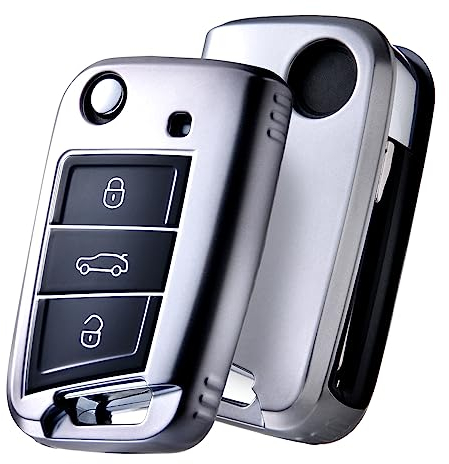 OATSBASF Autoschlüssel Hülle kompatibel mit VW Golf 7, Schlüsselbox Cover für VW Polo, Skoda, Tiguan, MK7 3-Tasten Schlüssel Hülle (Q-Grau)
