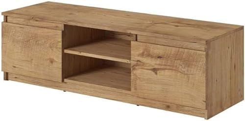 MINIO go for it - Armoire TV Dingo I Lowboard pour Téléviseur I Commode TV I TV Lowboard Debout I 120cm I avec 2 Portes Abattantes & 2 Compartiments Ouverts I Châtaignier - sans Éclairage