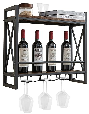 KOMFOTTEU Weinregal Wand, Flaschenregal Holz mit Metallrahmen, dekoratives Wandregal mit Becherhalter für Gläser, Flaschenhalter für Bar, Küche, Wohnzimmer (60 x 20 x 55cm)