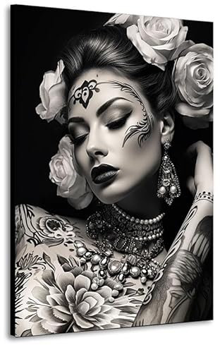 Kunstgestalten24 Leinwandbild Tattoo Girl Frau Lifestyle Wandbild Kunstdruck Raum- u. Wanddekoration