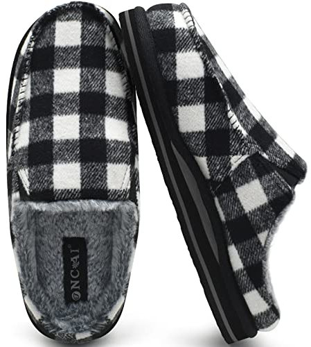 ONCAI Pantofole da Uomo in Comfort Pelo Cotone Strisce Ciabatte da Casa in Lana Plaid con Memory Foam Supporto Arco Suola in Gomma Nero/Bianco Taglia 45