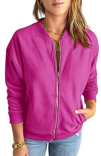 GeGekoko Sweat-shirt zippé pour femme - Veste surdimensionnée - Couleur unie - Manches longues - Haut avec poche, Rose/rouge, XL
