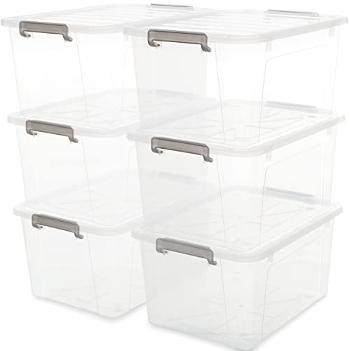 Citylife 6er Set 40L Aufbewahrungsbox mit Deckel mit grauer Greifer, Stapelbar Plastikboxen zum Organisieren Große Kunststoff Boxen für Garage, Schrank, Klassenzimmer, Küche, 45.5X33.5X27cm (LxWxH)