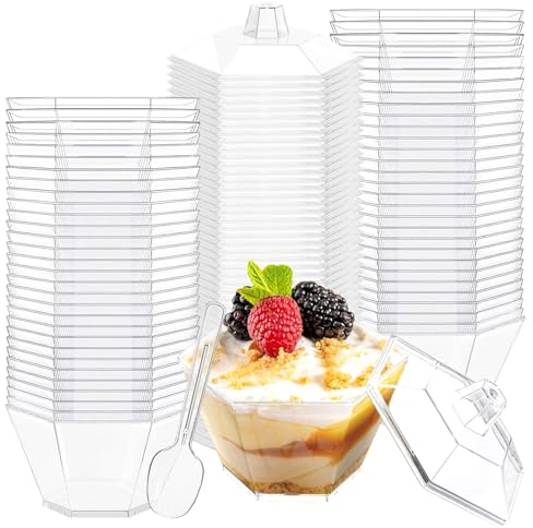 YancLife 50 Pcs Dessert Cups,100ml Plastic Dessert Pots with Lids and Spoons, Octagon Clear Mini Cup Reusable Serving Dessert Bowl DIY Ice Cream for Wedding, Birthday Parties Cheesecake Desserts