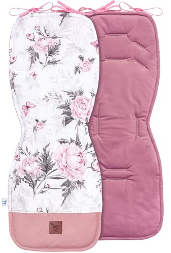 Pepi Beidseitig Sitzauflage Kinderwagen 33 x 85 cm - Sitzauflage Buggy 100% Baumwolle - Kinderwagen Einlage 6 Löcher für Sicherheitsgurte - Kinderwagen Sitzauflage Rosa Blumen mit Samt