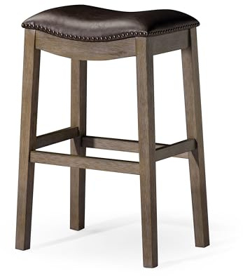 Maven Lane Adrien Backless Bar Stool – 31 Inch Saddle Seat with Footrest – Brown Solid Wood Frame & Dark Brown Faux Leather Upholstery – Ideal for Bars, Pub Tables & Tall Kitchen Counters