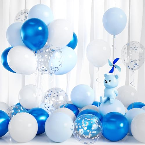 Luftballons Blau Weiß, 30 Stück Ballons Pastell Blau Weiss Party Luftballon Hellblau Metall Silber Konfetti Junge Männer Kinder Geburtstag Babyparty Taufe Geschlecht Offenbaren Jubiläum Hochzeit Deko