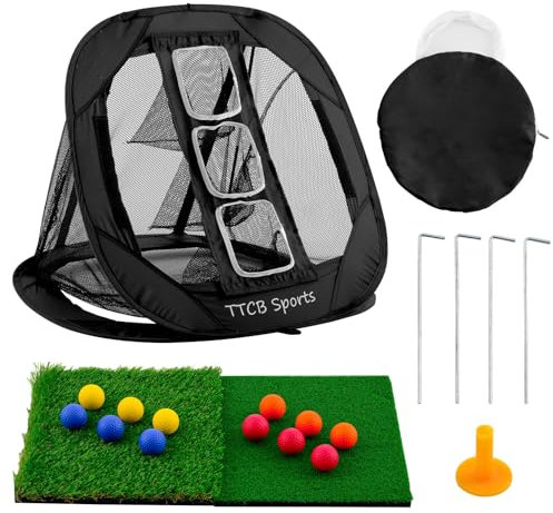 TTCB Sports Golf Chipping Net – Pop Up Simulator Hitting Net with 2 Turf Mat & 12 Foam Balls, Golfer Accessories for Backyard & Driving Range, Great Gifts for Men, Portable Golf Net Indoor/Outdoor