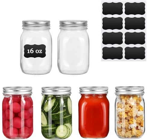 Redomway Wide Mouth Mason Jars, 6 Pack 16oz Clear Glass Jars with Silver Metal Lids Glass Canning Jars for Canning, Fermenting,Pickling, Food Storage or DIY Projects