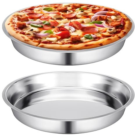 Nuogo 2 Pcs 16 Inch Large Deep Pizza Pans Stainless Steel Pizza Tray Round Oven Tray Rust Proof Reusable Bakeware Cooking Pan Dishwasher Safe for Baking, Serving, and Displaying Cookie Pie