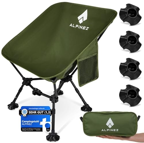 ALPINEZ Campingstuhl faltbar leicht höhenverstellbar | kleines packmaß Faltstuhl Camping Stuhl | Angelstuhl ultraleicht Strandstuhl mit Fußkappen