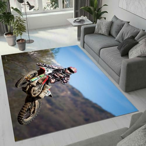 ROUSKI Motocross Teppich Wohnzimmer Schlafzimmer 3D Muster Design Motorrad Teppiche rutschfest Waschbarer Kurzflor Teppich Grösse 80x120 cm Flauschig Weich Soft Home Outdoor Carpet Matte