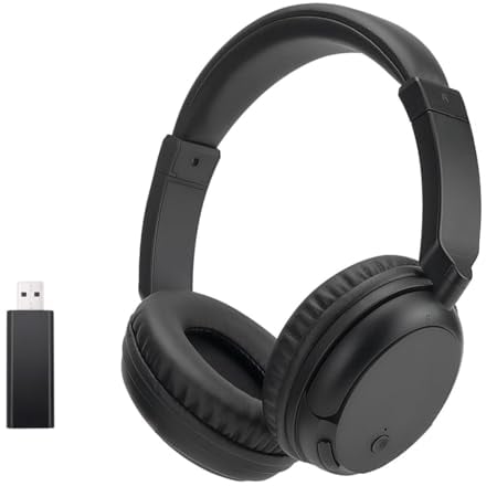 Cuffie FM Over-Ear senza fili, cuffie Bluetooth senza fili per guardare la TV, il telefono e il PC, nessun ritardo audio, cuffie Bluetooth con bassi profondi, cuffie stereo HiFi leggere - Nero