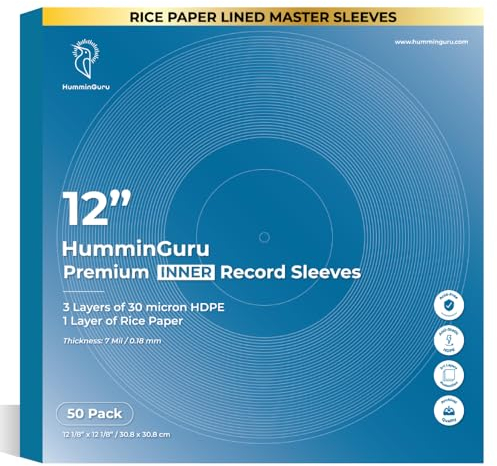 HumminGuru 3-Ply Premium Inner Record Sleeves 12 Inch. Rice Paper Lined Master Sleeves. Anti-Static Vinyl Record Sleeves, Acid-Free Thick HDPE 3+1 Layer in 7 Mil, 50 Pack (12” Master Inner Sleeves)