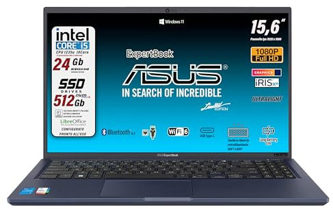 ASUS notebook, pc Portatile, Intel Core i5 12th 10Core, Ram 24 Gb, SSD PCIe 512Gb, 15,6 ips FullHD, Wi-Fi 6, 4 USB, BT, Intel Iris XE, Win 11, Tastiera Retroilluminata, preconfigurato