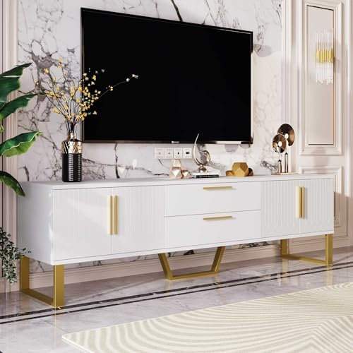 NIUAWASA Meuble TV brillant : sol, poignées et pieds dorés, meuble TV avec texture de porte gravée Solution de rangement élégante pour le salon (blanc et doré)
