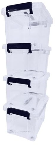 BARGAIN FACTORY 4 x Clear Plastic Storage Container Large Boxes With Lids, Closing Clips and Wheels 16L Integrated Handles Stackable BPA Free Box For Bedroom Office Living Room Kitchen