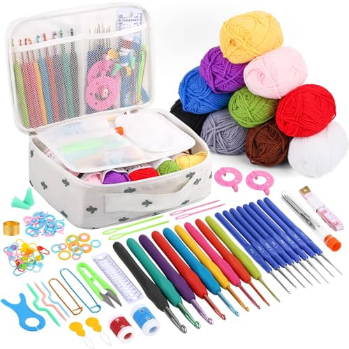 Häkelset für Anfänger, 123-teilig, Inklusive 10 Wolle, Tragbarer Tasche, Ergonomischen Häkelnadeln von 0.6-6 mm, Ideal für Erwachsene und Kinder, Perfekt zum Häkeln von Schals, Pullovern und Decken