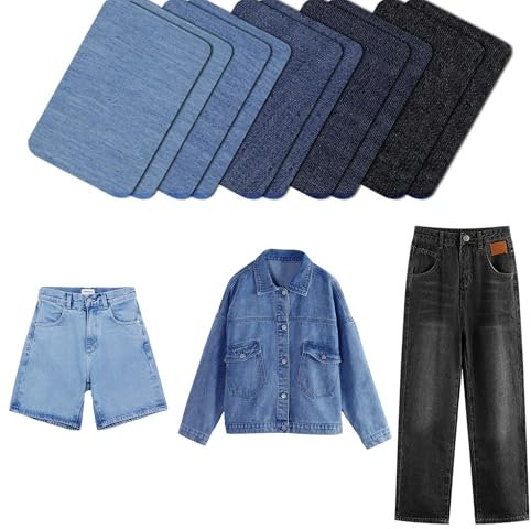 FUZVOL 10 Pack Premium Quality Denim Patches for Jeans Repair, Inside & Outside Strongest Glue 100% Cotton Assorted Shades of Blue Repair Decorating Kit - 9.5 cm x 12 cm
