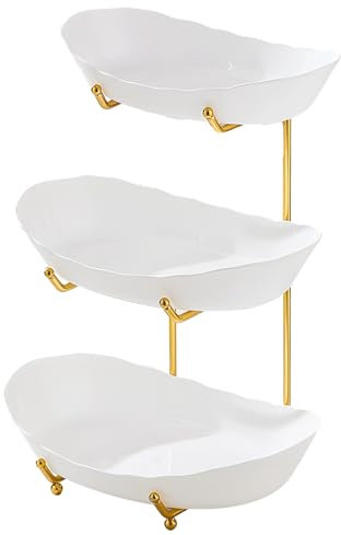 Obetuens Fruit Bowl for Kitchen Counter, with Serving Bowls and Metal Stand Tiered Serving Bowls for as a Snack Plate, Dried Fruit Plate, or Even a Display Stand for Birthday Parties (White 3 Tier)