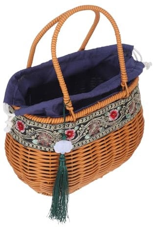 OLSKFUH Rattan Handbag Small Picnic Basket Costume Woven Basket Handbag Shopping Bag Vegetable Basket Vegetable Woven Container Small Woven Basket with Handle Women Beach Tote B,