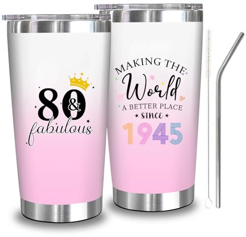 Zyphoria 80th 1945 Birthday Gifts for Women, 80 Year Old Birthday Cups Gifts for Her, Cool 80th Gift Decorations for Women Turning 80, 80 and Fabulous 20 OZ Stainless Steel Tumbler