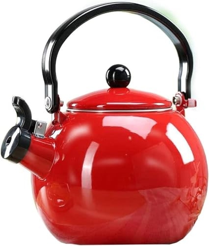 2L Enamel Teapot, Stovetop Whistling Tea Kettle with Folding Handle for Hotel Kitchen Camping Boil Water(Red)