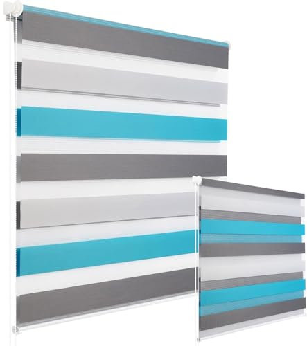 WOLTU 2 Stück Doppelrollo Klemmfix ohne Bohren Duo Rollo Klemmrollo für Fenster mit Klemmträger, Fensterrollo Lichtdurchlässig & Verdunkelnd Wandmontage, Weiß+grau+türkis, 90x220cm (Stoffbreite 86cm)