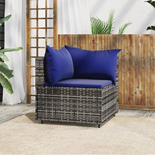 Myheimly Garten-Ecksofa mit Kissen Grau Poly Rattan Grau und Blau Ecksofa