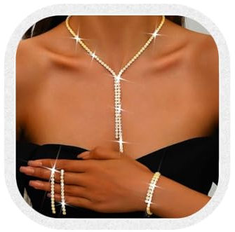 Reaky Brautschmuck-Set, silberne Strass-Ohrringe und Halskette, funkelnde Hochzeits-Halsketten-Sets, Abschlussball-Schmuck für Frauen (3er-Pack) (Gold)