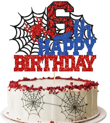 Ephlyn 1Pcs Happy 6th Birthday Spider Themed Cake Topper