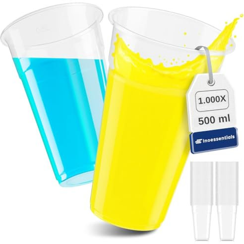 Inoverse 1000 Stück Plastikbecher 0,5 L - Durchsichtig - Trinkbecher, Plastik Becher, Bierbecher, Ausschankbecher, Kunststoff Partybecher, Wasserbecher, Slush Becher