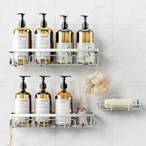 Deyhoc 3 Pack Rustproof Stainless Steel Shower Caddy - Silver | Bathroom Storage Accessory Shelf Organiser Adhesive No Drilling Hanging, Soap Holder Set, Kitchen Wall Mounted Corner Decor