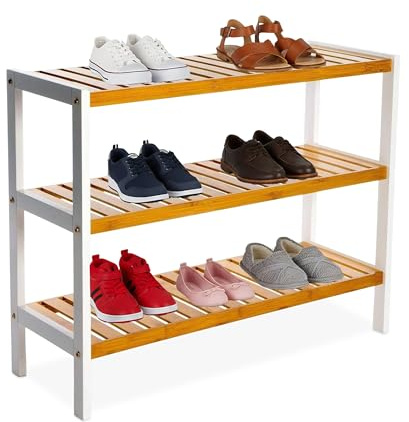 Relaxdays Schuhregal, HxBxT: 55 x 70 x 26 cm, Bambus, 3 Ebenen, 9 Paar Schuhe, Schuhständer Gitterablagen, Natur/weiß