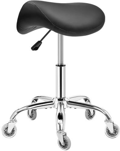BEWISHOME Ergonomic Rolling Saddle Stool, Height-Adjustable Rolling 360° Swivel Saddle Stool Chair with Thickened Saddle Seat Padding, for Salons, Spas, Office, Black BMD02B