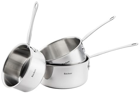 BACKEN 012250 – Set de 3 Casseroles 16/18/20 cm –Tri-ply triple couche Inox 18/10 Induction, Antiadhésif Naturel, sans PTFE, PFOA, PFAS, Haute Résistance