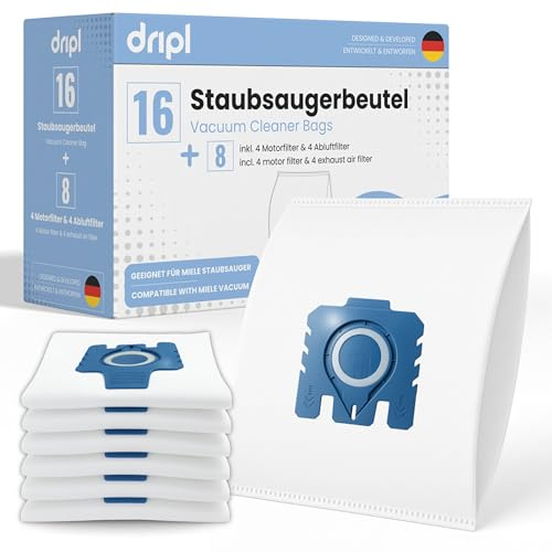 Dripl 16 Staubsaugerbeutel für Miele Staubsauger - Typ GN (C1 Classic, C2 & C3 Complete, S2, S4, S5, S6, S8) - inkl. 4 Motorfilter & 4 Abluftfilter - ersetzt Miele GN & 9917730/12281680
