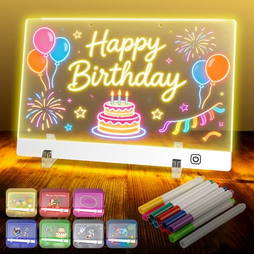 Wiederaufladbar LED Maltafel Kinder 30x20cm mit 7 Lichtfarben & 12 Stiften, Transparente Acryl LED Zeichentafel, Inkl. Upgrade Halter & Haken, Abwischbar Schreibtafel Notiztafel Leuchttafel, Weiß