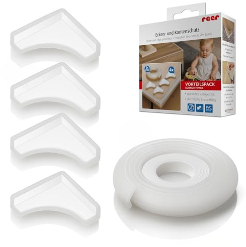 reer Ecken- und Kantenschutz Set für Möbel, 4 Ecken Plus 2 m, Transparent | PVC-freies Material, Kantenteil flexibel zuschneidbar und per Klebeband montierbar; für Tische, Schränke und Fensterbänke